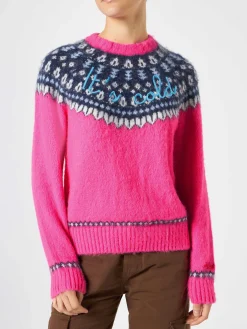 Damen-Pullover aus nordischem Jacquard mit Rundhalsausschnitt in Fluo-Rosa