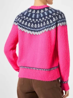 Damen-Pullover aus nordischem Jacquard mit Rundhalsausschnitt in Fluo-Rosa