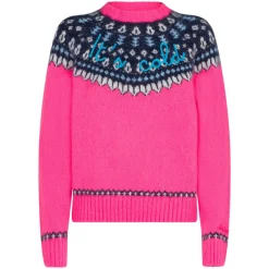 Damen-Pullover aus nordischem Jacquard mit Rundhalsausschnitt in Fluo-Rosa
