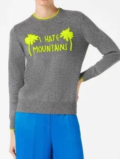 Damen-Pullover, grau, Fluo-Gelb, I Hate Mountains-Stickerei