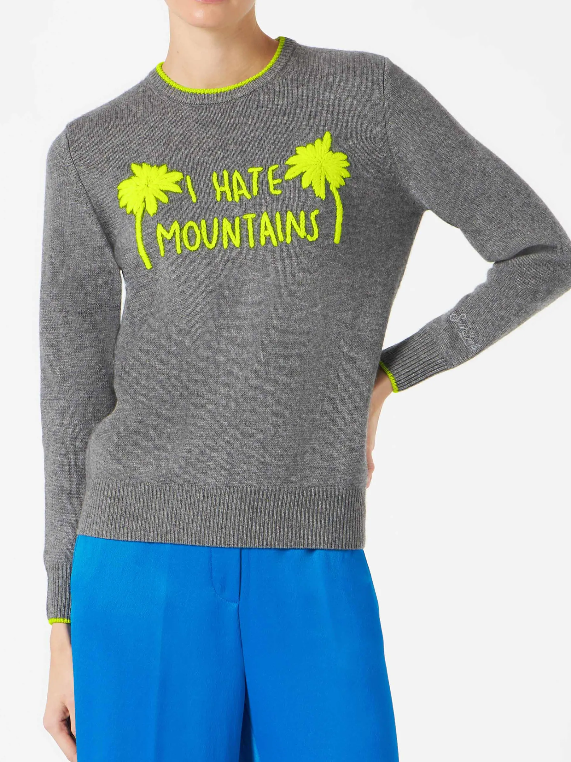 Damen-Pullover, grau, Fluo-Gelb, I Hate Mountains-Stickerei