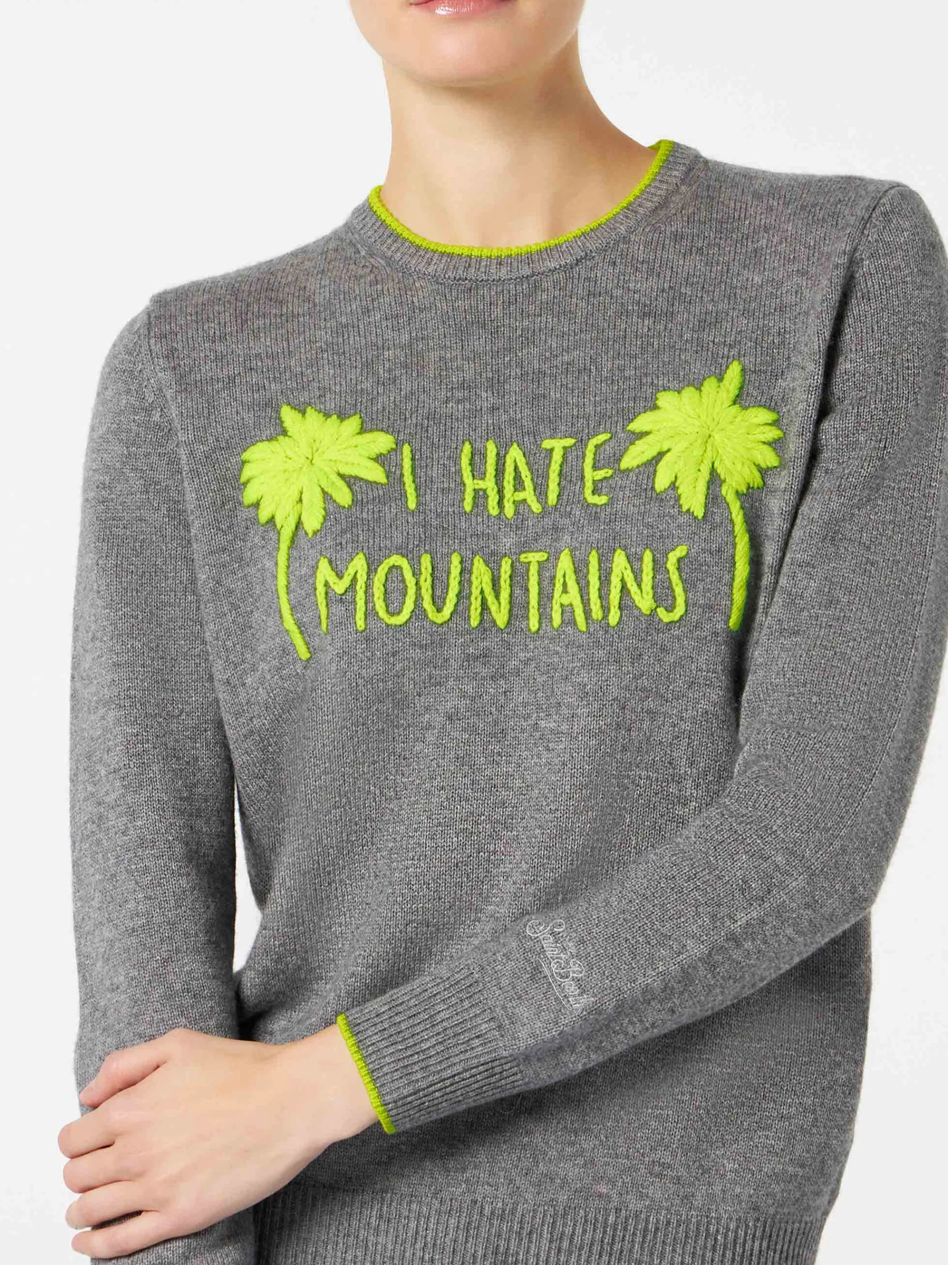 Damen-Pullover, grau, Fluo-Gelb, I Hate Mountains-Stickerei