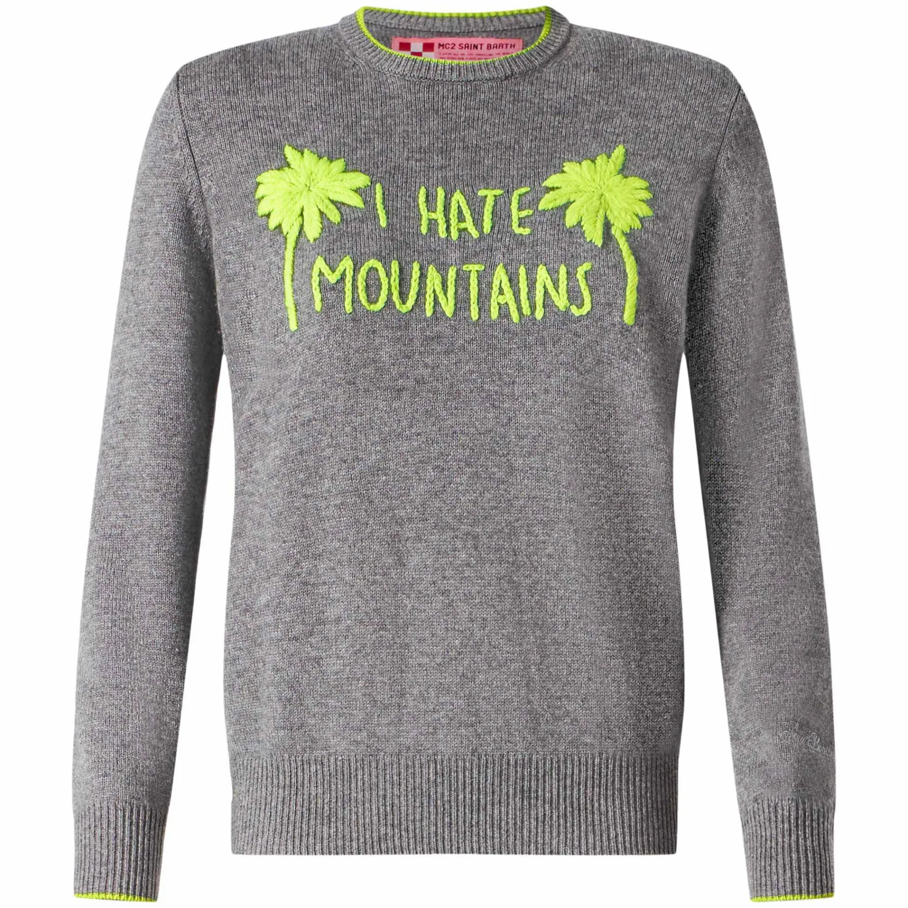 Damen-Pullover, grau, Fluo-Gelb, I Hate Mountains-Stickerei