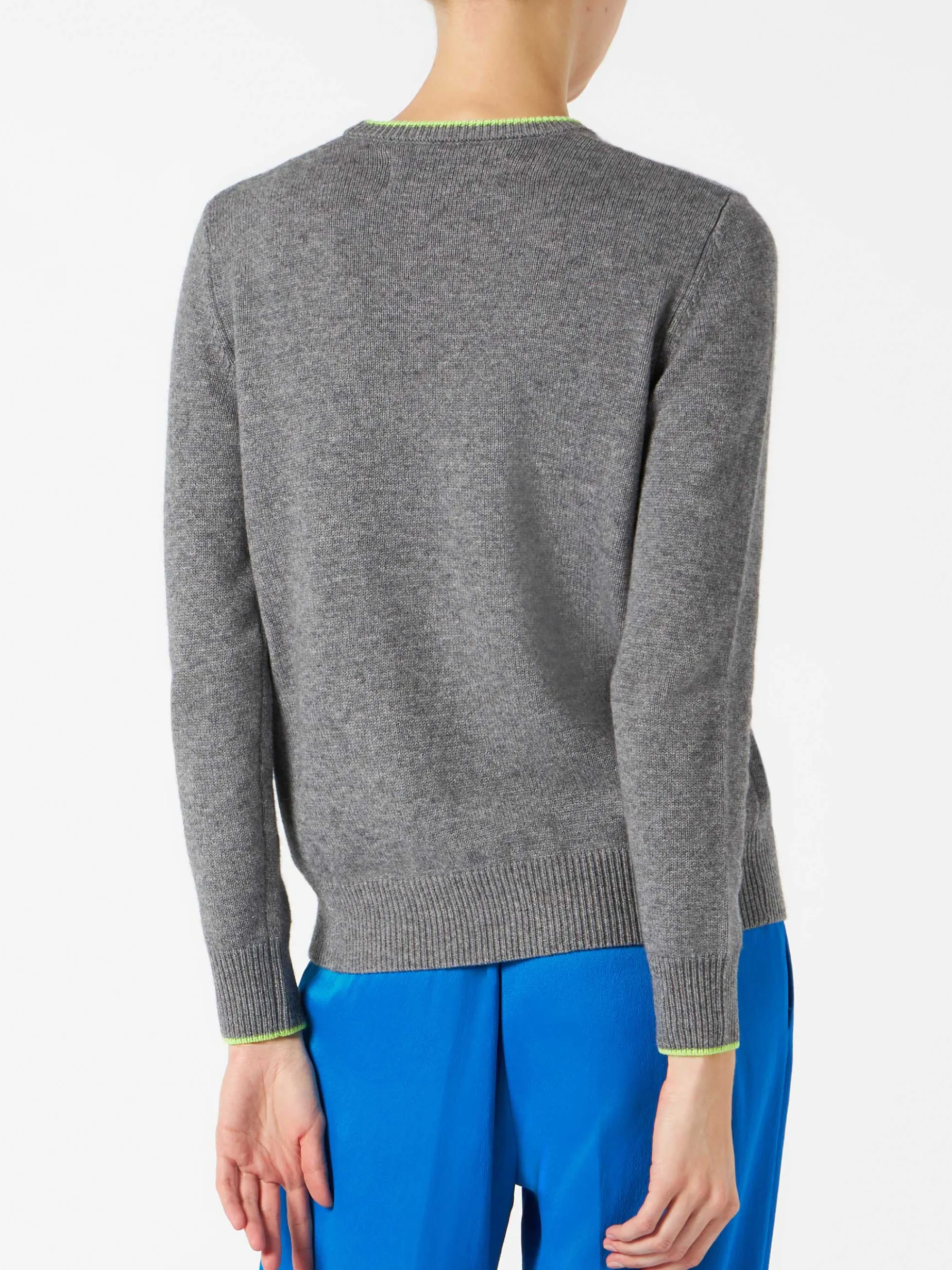 Damen-Pullover, grau, Fluo-Gelb, I Hate Mountains-Stickerei