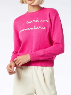 Damen-Pullover in Fluo-Rosa mit Rundhalsausschnitt und Stickerei „Non Sarà un'Avventura“ | NIKI DJ SONDEREDITION