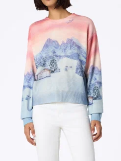Damenpullover Louise aus Kaschmirmischung mit Chalet-Sonnenuntergangs-Print