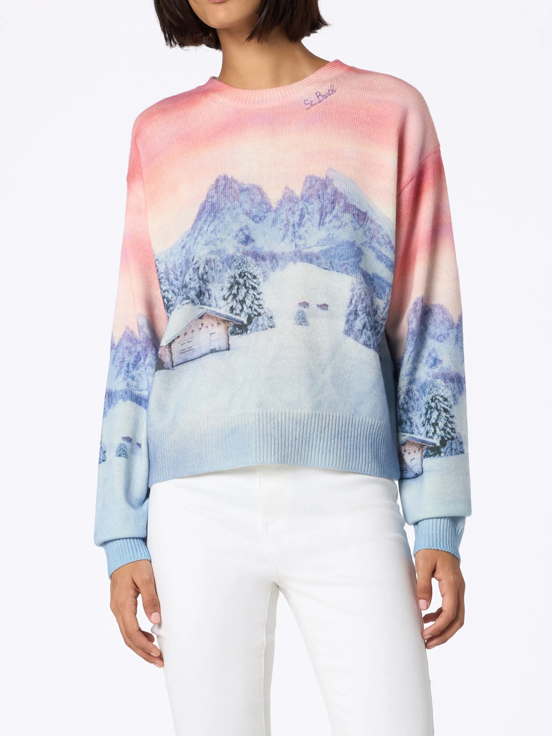 Damenpullover Louise aus Kaschmirmischung mit Chalet-Sonnenuntergangs-Print