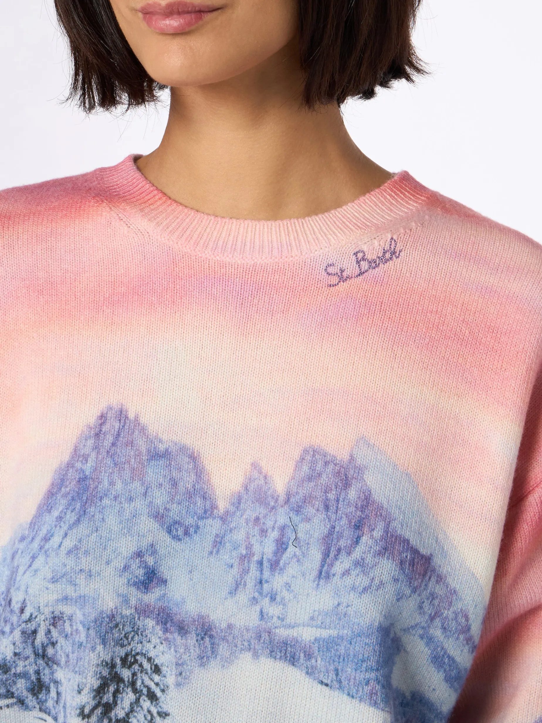 Damenpullover Louise aus Kaschmirmischung mit Chalet-Sonnenuntergangs-Print