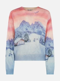 Damenpullover Louise aus Kaschmirmischung mit Chalet-Sonnenuntergangs-Print