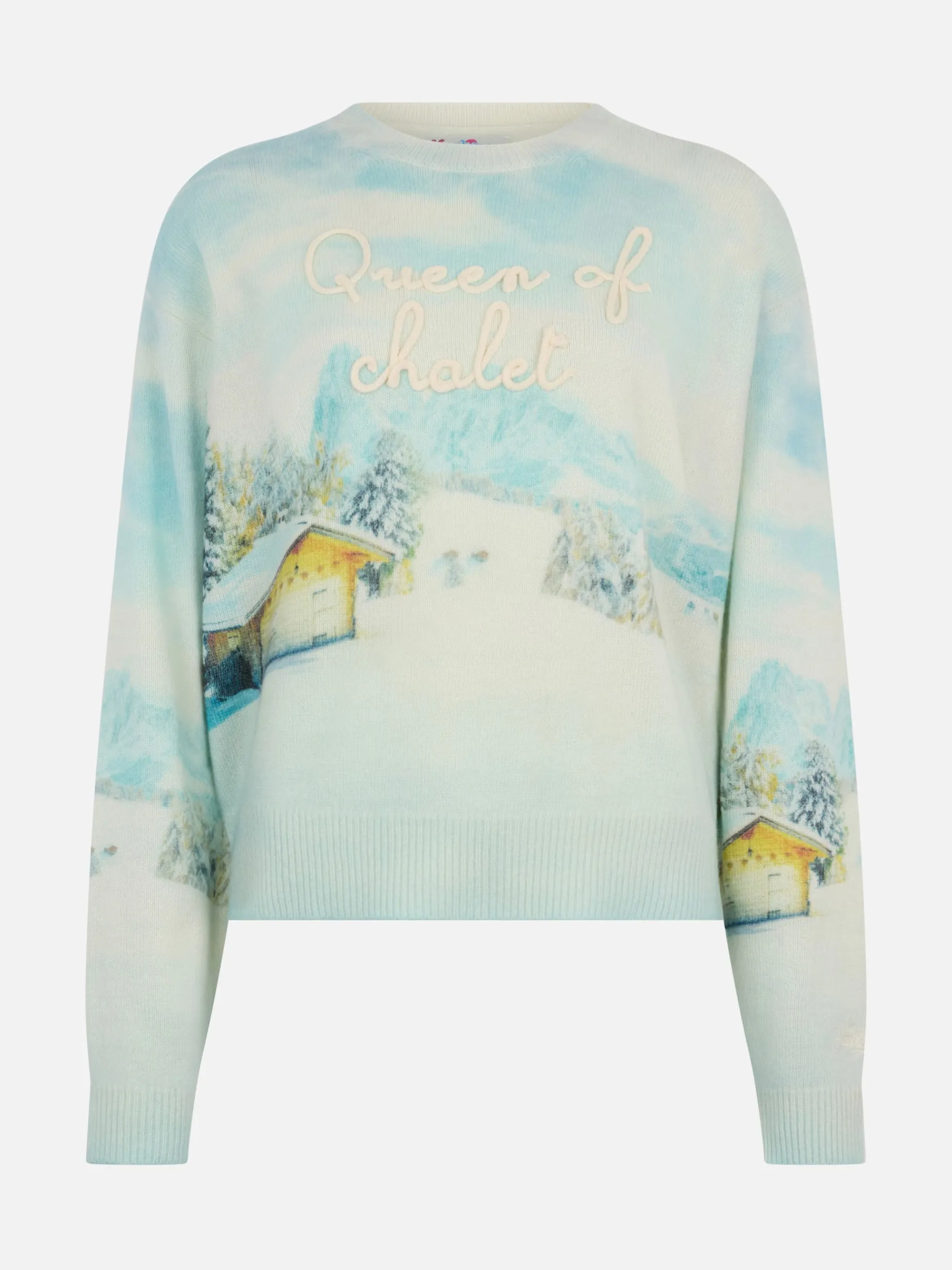 Damenpullover Louise aus Kaschmirmischung mit Chalet-Print und Queen of Chalet-Stickerei