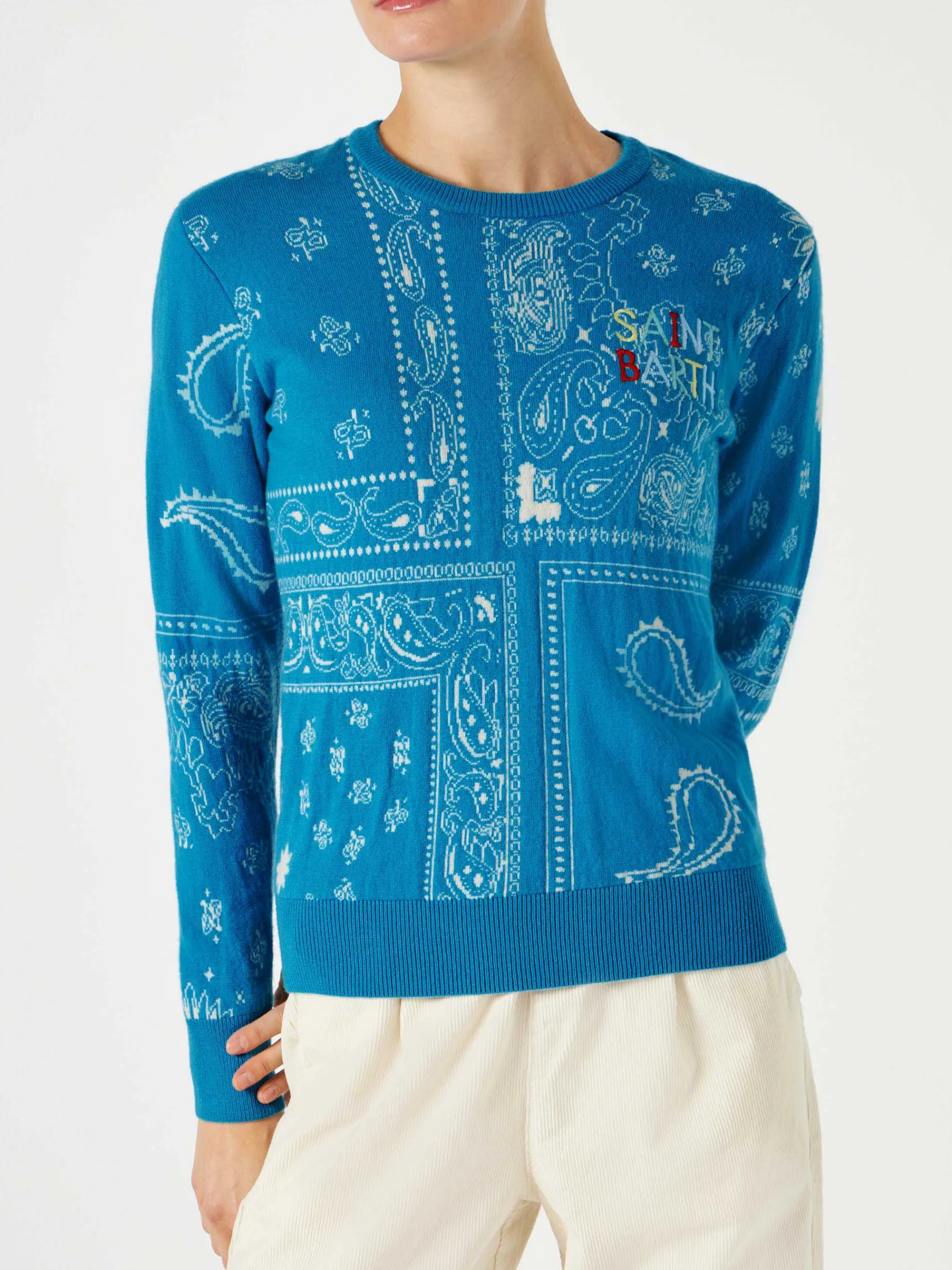 Damenpullover mit Bandana-Print und Saint-Barth-Stickerei