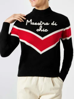 Damenpullover mit halbem Rollkragen und Maestra di chic-Stickerei