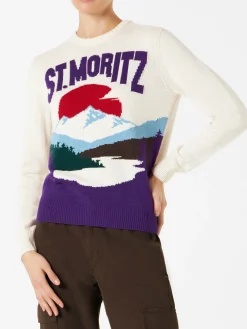 Damenpullover mit Rundhalsausschnitt und St.Moritz-Motiv