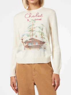 Damenpullover mit Rundhalsausschnitt und Chalet & Rosè-Stickerei