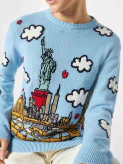 Damenpullover mit Rundhalsausschnitt und New-York-Postkarte