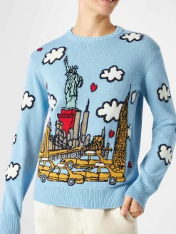 Damenpullover mit Rundhalsausschnitt und New-York-Postkarte