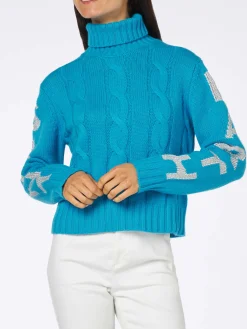 Damen-Rollkragenpullover mit Zopfmuster und Saint-Barth-Jacquard-Print