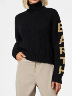 Damen-Rollkragenpullover mit Zopfmuster und Saint-Barth-Jacquard-Print