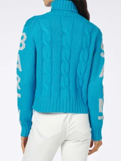 Damen-Rollkragenpullover mit Zopfmuster und Saint-Barth-Jacquard-Print