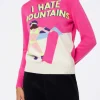 Damen-Rundhalspullover in Fluo-Rosa mit I-Hate-Mountains-Postkartendruck