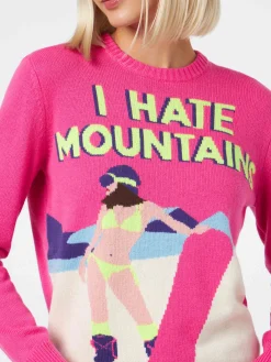 Damen-Rundhalspullover in Fluo-Rosa mit I-Hate-Mountains-Postkartendruck
