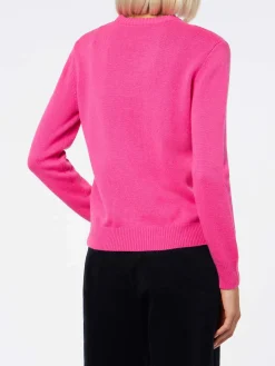 Damen-Rundhalspullover in Fluo-Rosa mit I-Hate-Mountains-Postkartendruck