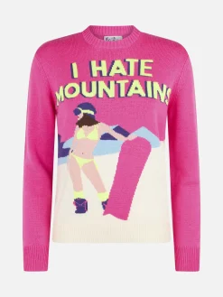 Damen-Rundhalspullover in Fluo-Rosa mit I-Hate-Mountains-Postkartendruck