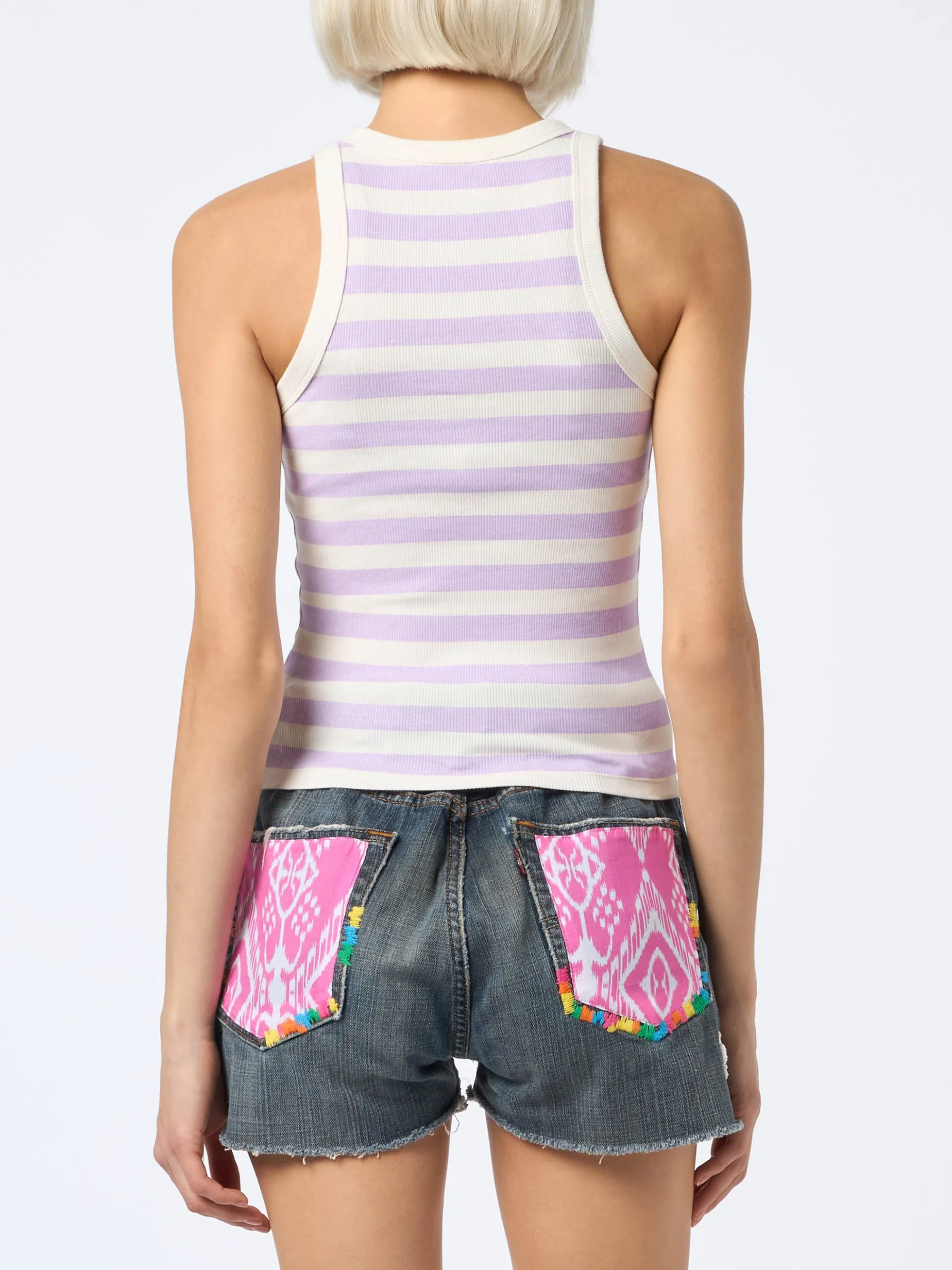 Damen-Tanktop aus Baumwolle im Rippenmuster in Lila und Cremeweiß mit Streifen