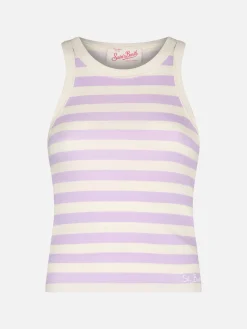 Damen-Tanktop aus Baumwolle im Rippenmuster in Lila und Cremeweiß mit Streifen