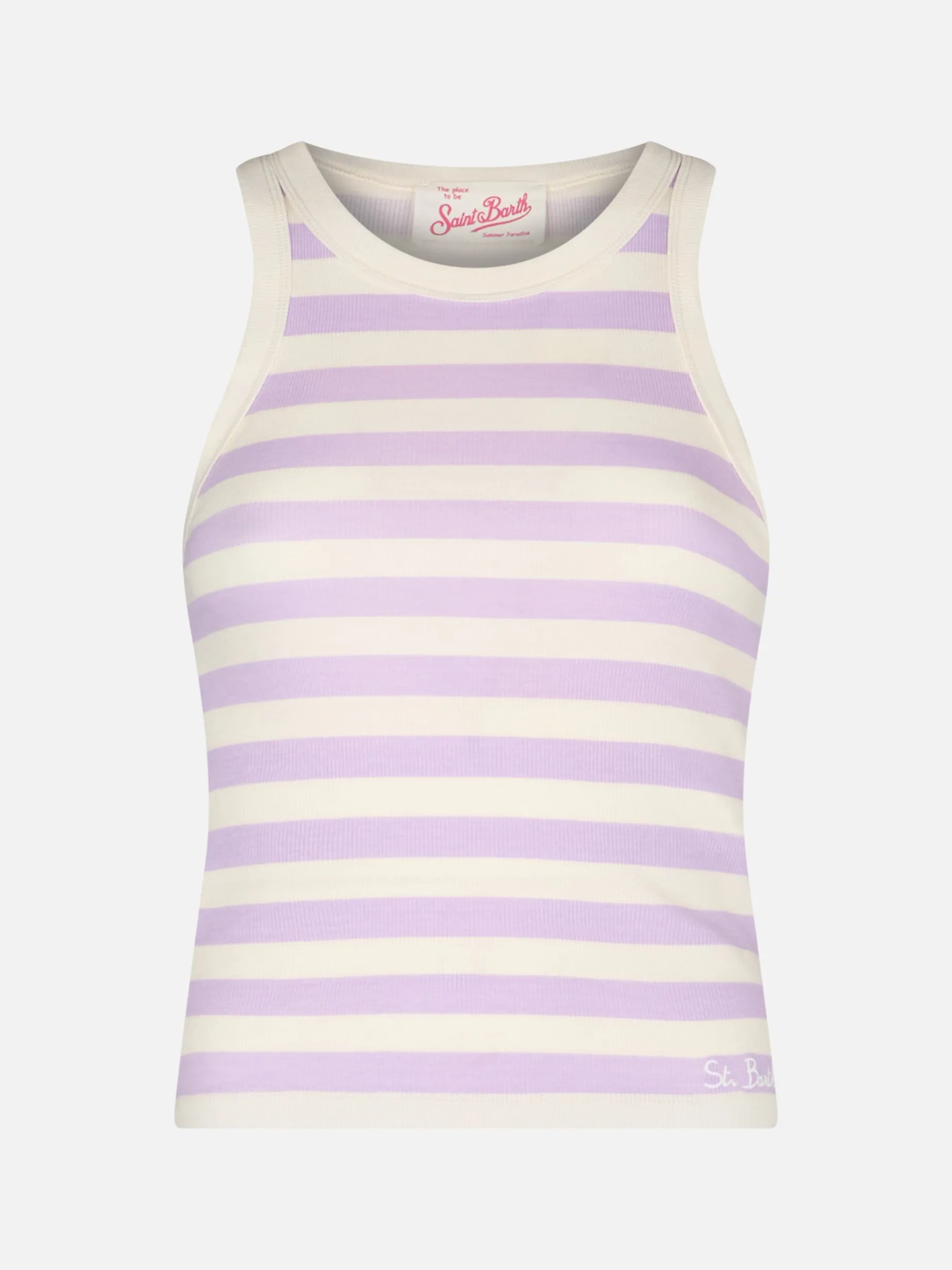 Damen-Tanktop aus Baumwolle im Rippenmuster in Lila und Cremeweiß mit Streifen