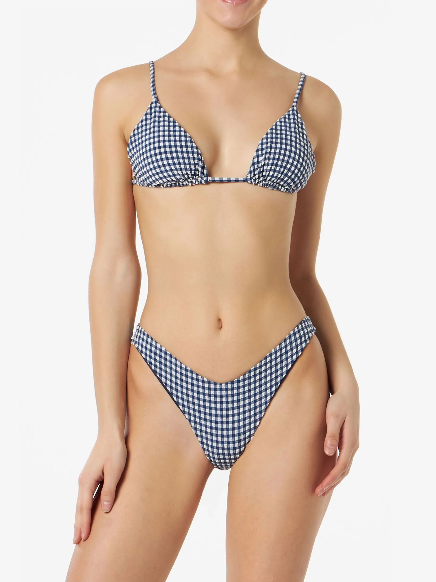 Damen-Triangel-Bikini in Crinkle-Optik mit blauem Gingham-Print
