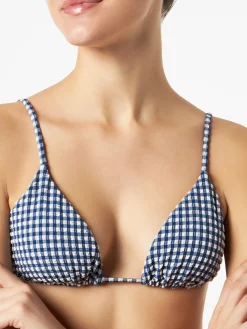 Damen-Triangel-Bikini in Crinkle-Optik mit blauem Gingham-Print