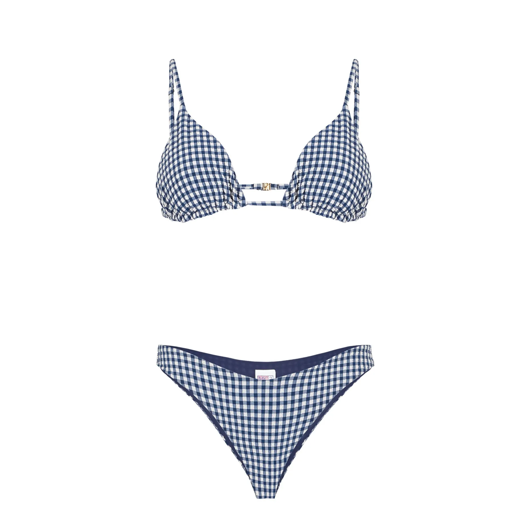 Damen-Triangel-Bikini in Crinkle-Optik mit blauem Gingham-Print