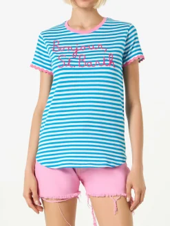 Damen-T-Shirt aus Baumwolle mit Bonjour St. Barth-Stickerei