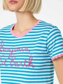 Damen-T-Shirt aus Baumwolle mit Bonjour St. Barth-Stickerei