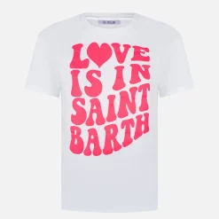 Damen-T-Shirt aus Baumwolle mit dem Schriftzug „Love is in Saint Barth“.