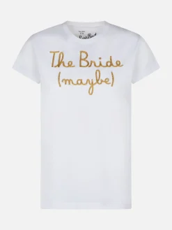 Damen-T-Shirt aus Baumwolle mit der Aufschrift „The Bride (maybe)“.
