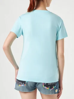 Damen-T-Shirt aus Baumwolle mit gesticktem „Yoga Addicted“-Schriftzug