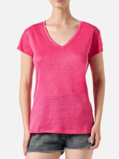 Damen-T-Shirt aus fuchsiafarbenem Leinen
