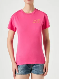 Damen-T-Shirt aus fuchsiafarbener Baumwolle mit Stickerei