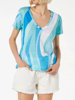 Damen-T-Shirt aus Leinen mit Wellendruck