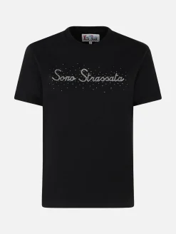 Damen-T-Shirt aus schwerer Baumwolle mit Sono Strassata-Strassaufdruck