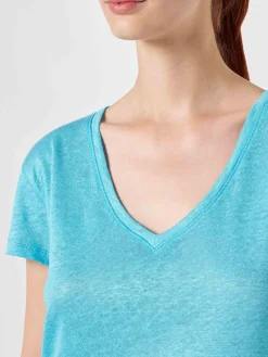 Damen-T-Shirt aus türkisfarbenem Leinen