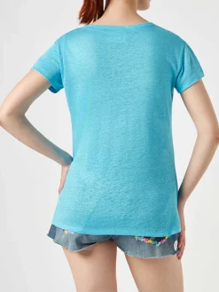 Damen-T-Shirt aus türkisfarbenem Leinen