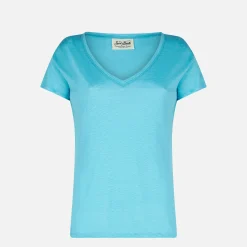 Damen-T-Shirt aus türkisfarbenem Leinen
