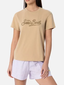 Damen-T-Shirt Emilie aus Baumwolljersey mit Rundhalsausschnitt und Saint-Barth-Strassstickerei