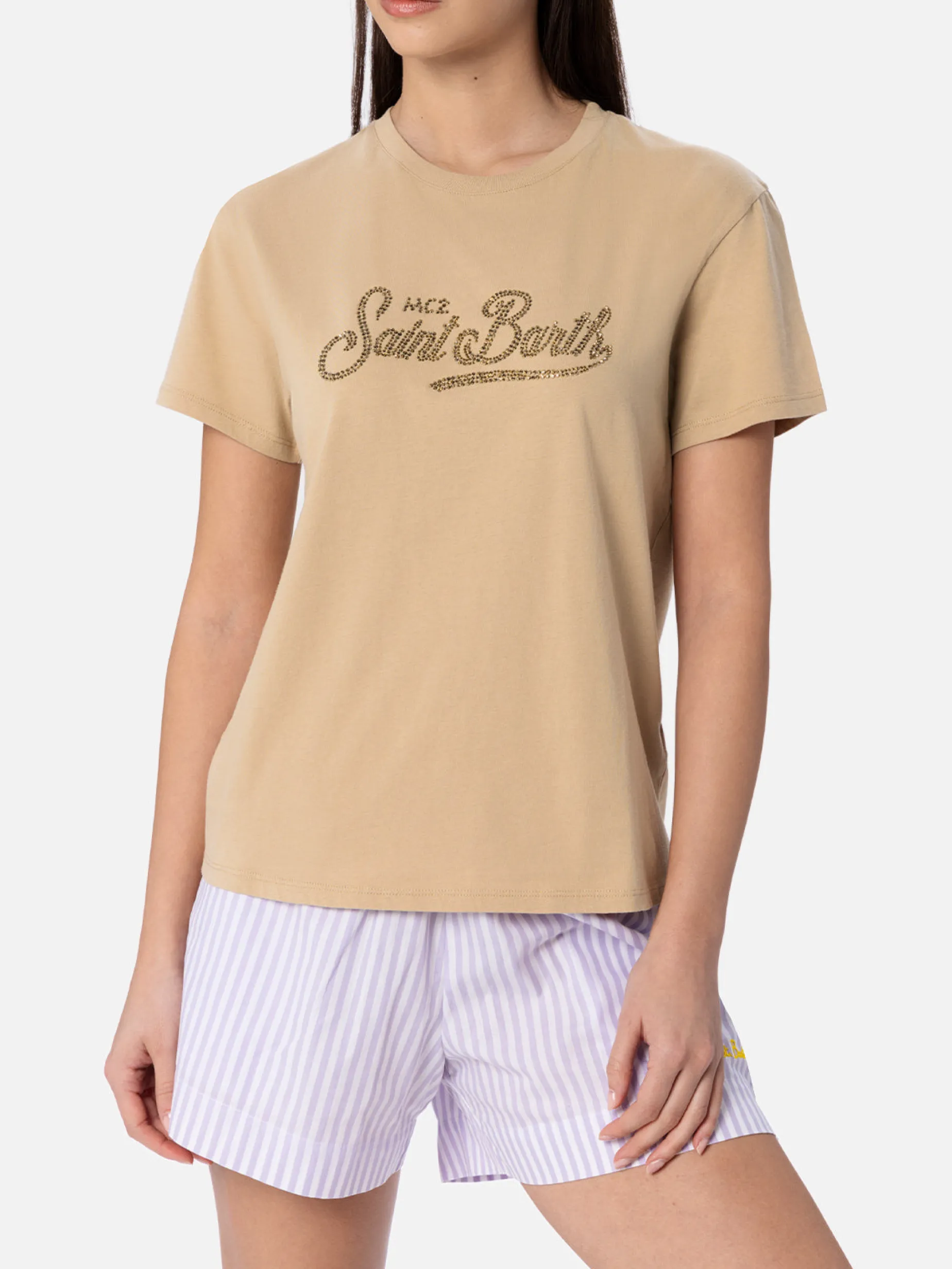 Damen-T-Shirt Emilie aus Baumwolljersey mit Rundhalsausschnitt und Saint-Barth-Strassstickerei