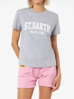 Damen-T-Shirt Emilie aus Baumwolljersey mit Rundhalsausschnitt und Saint Barth Beach Club-Aufdruck