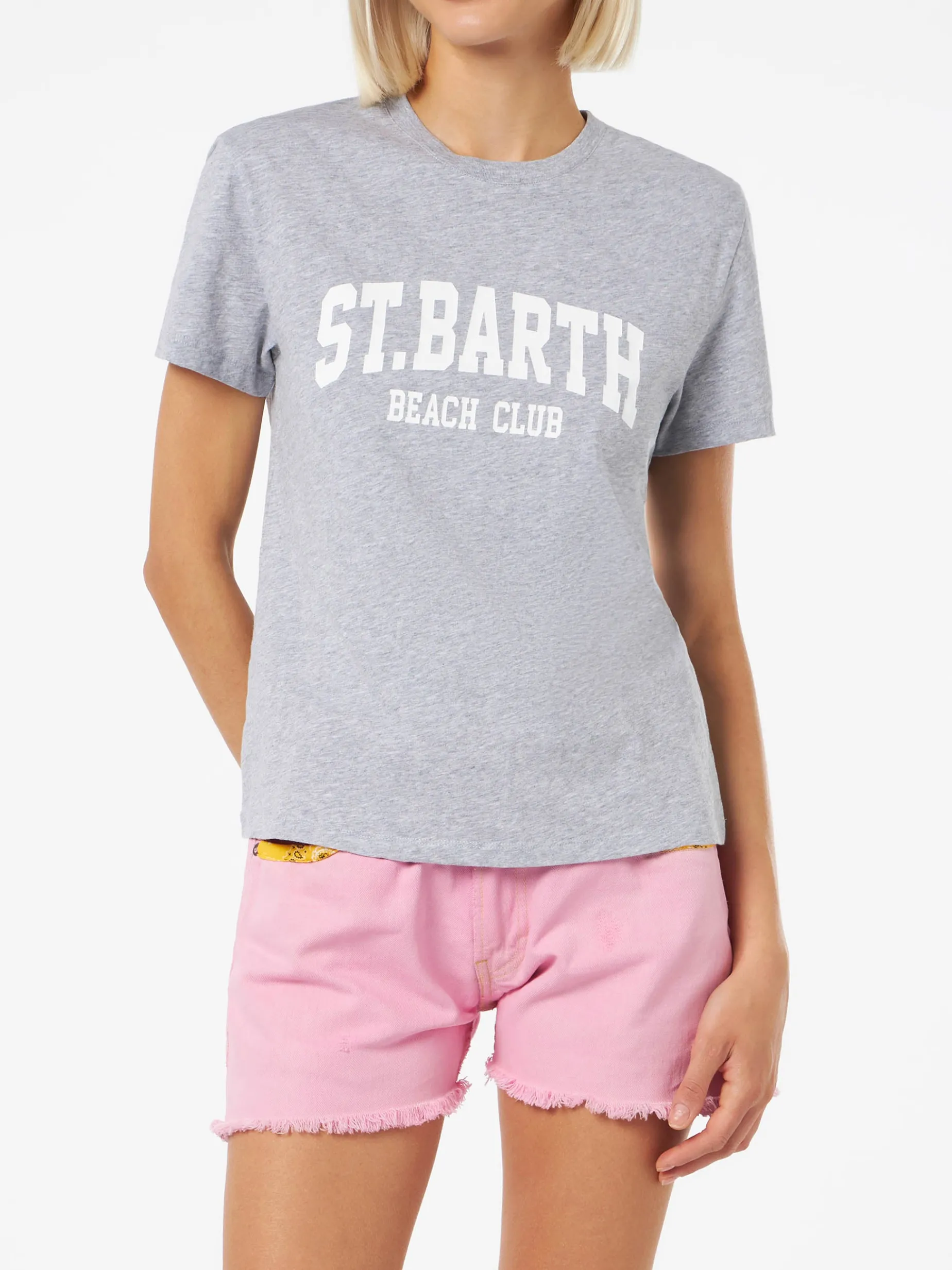 Damen-T-Shirt Emilie aus Baumwolljersey mit Rundhalsausschnitt und Saint Barth Beach Club-Aufdruck