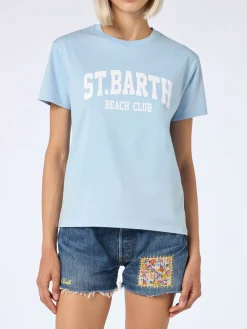 Damen-T-Shirt Emilie aus Baumwolljersey mit Rundhalsausschnitt und St. Barth Beach Club-Print